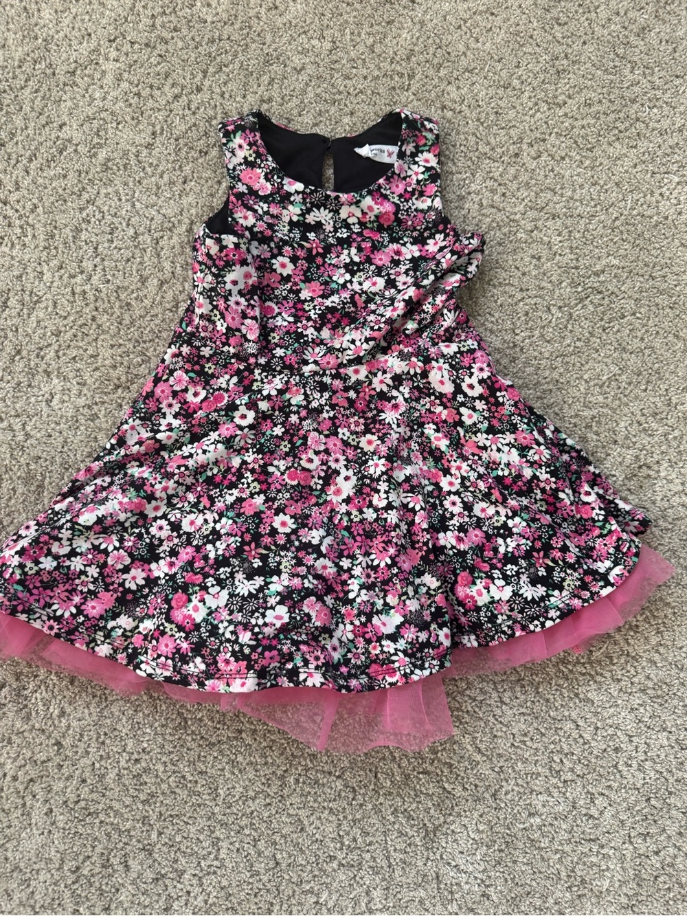 Knitworks Black Floral Dress with Pink Tulle Hem